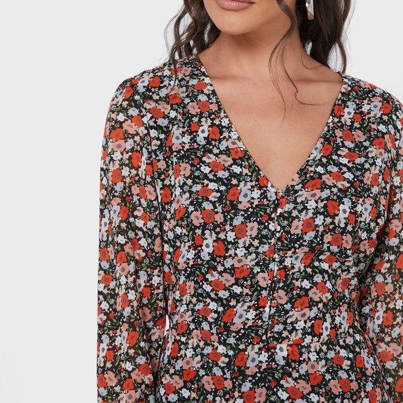 Missguided Dress Floral Print V Neck Long Sleeve Button Tie Waist Mini - Picture 2 of 12